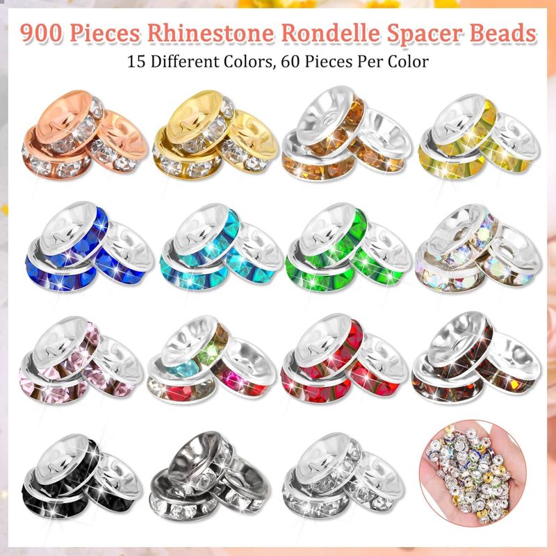 900pcs Crystal Rondelle Spacer Beads for Jewelry Making - 8mm in 15 Colors