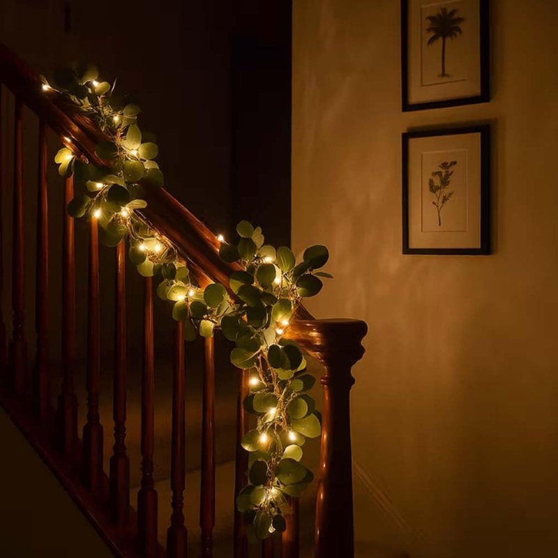 Twinkling Tree Light Garland with Warm White LED & Artificial Olive Leaves, Battery Operated Indoor Outdoor Decor