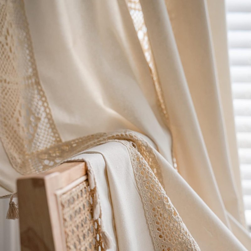 Boho Bedroom Curtains Cream & Beige Cotton Linen Patchwork with Tassels - Semi-Blackout Window Panel