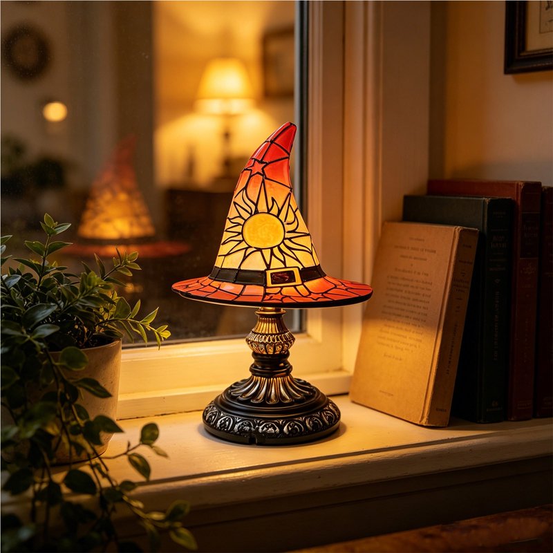 Halloween Witch Hat Stained Glass Lamp - Accent Table Decor, USB Powered, 18cm or 30cm Sizes