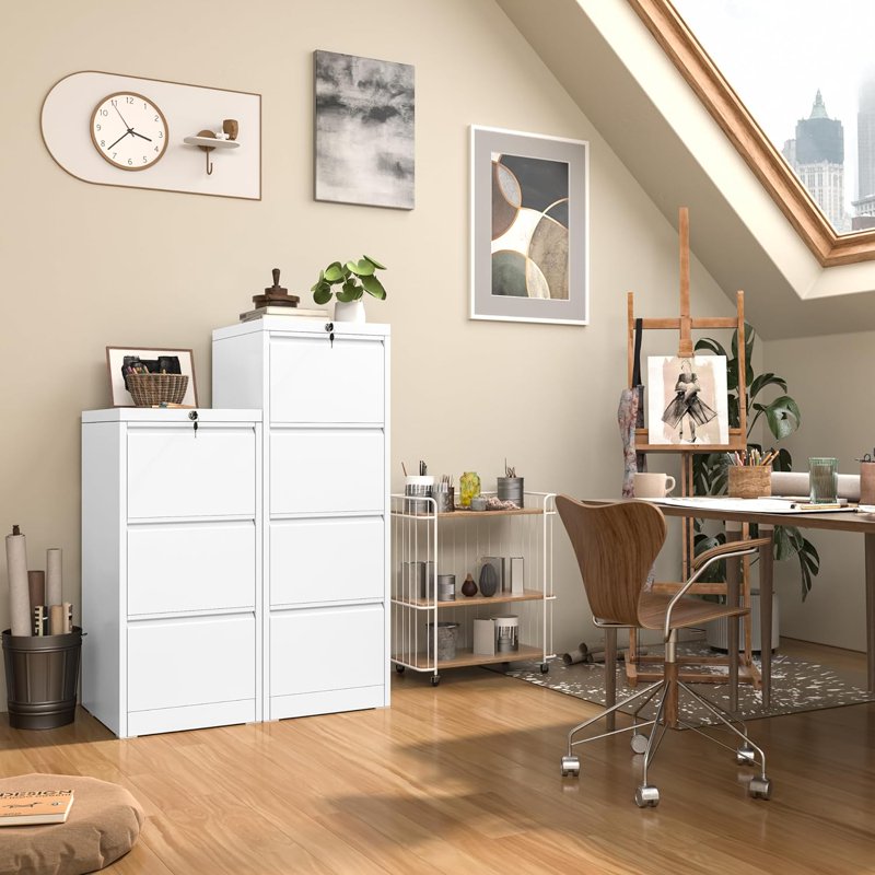 Vertical Lockable Filing Cabinet with Adjustable Hanging Frames - White Metal Office Storage