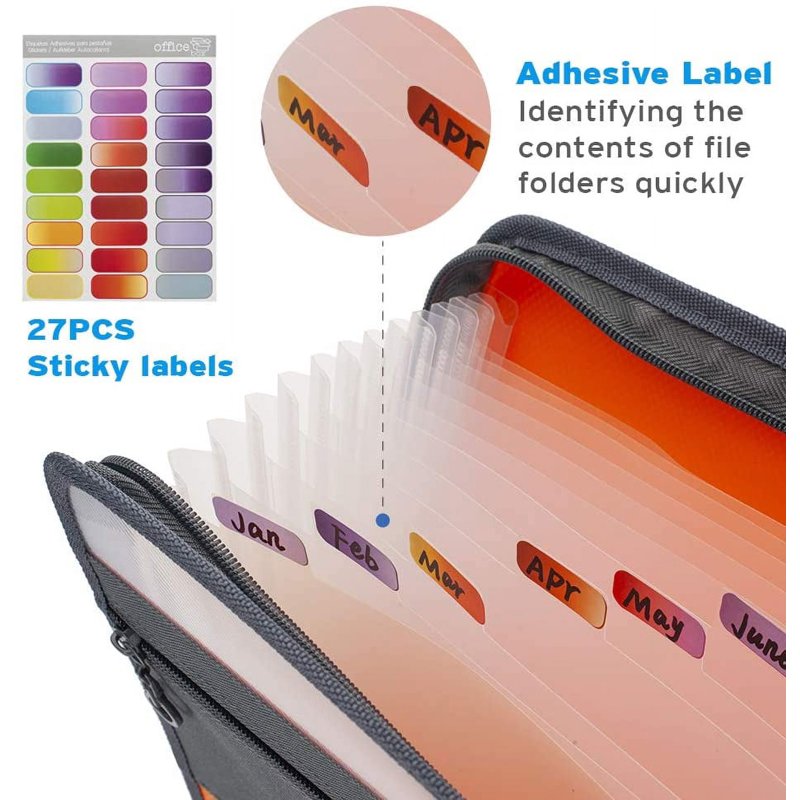 13 Pocket Expanding Document Folder with Zipper & Sticky Labels - Office Organizer