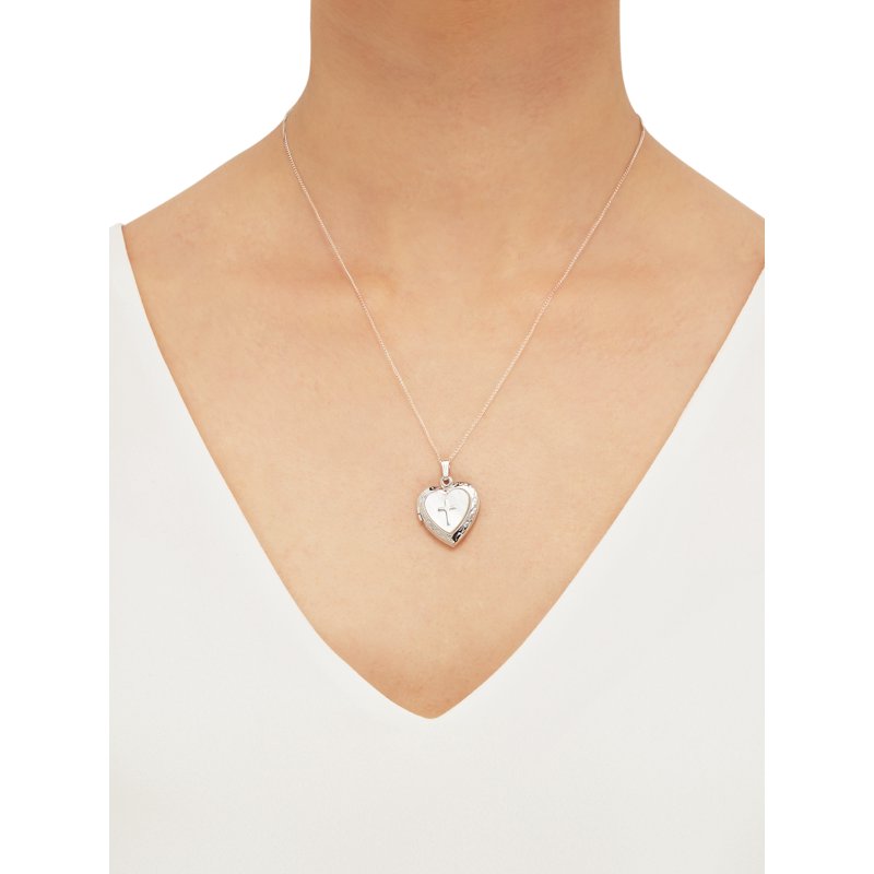 Sterling Silver Mother of Pearl Cross Heart Pendant Necklace 18 Inch Chain