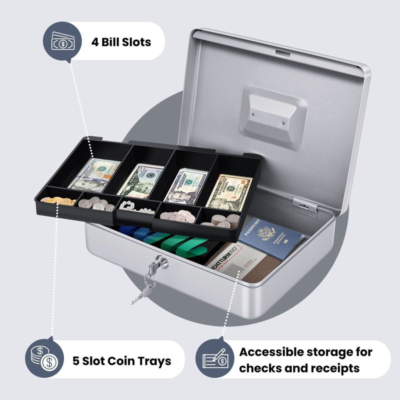 Metal Cash Box with Lock and 9 Compartments - Portable Money Organizer for Small Businesses
