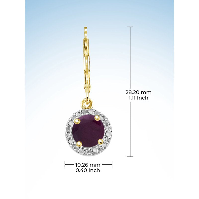 14K Gold-Plated Silver Ruby Drop Earrings - Hypoallergenic, Round Cut, Lever Backs, 1.35 CTW