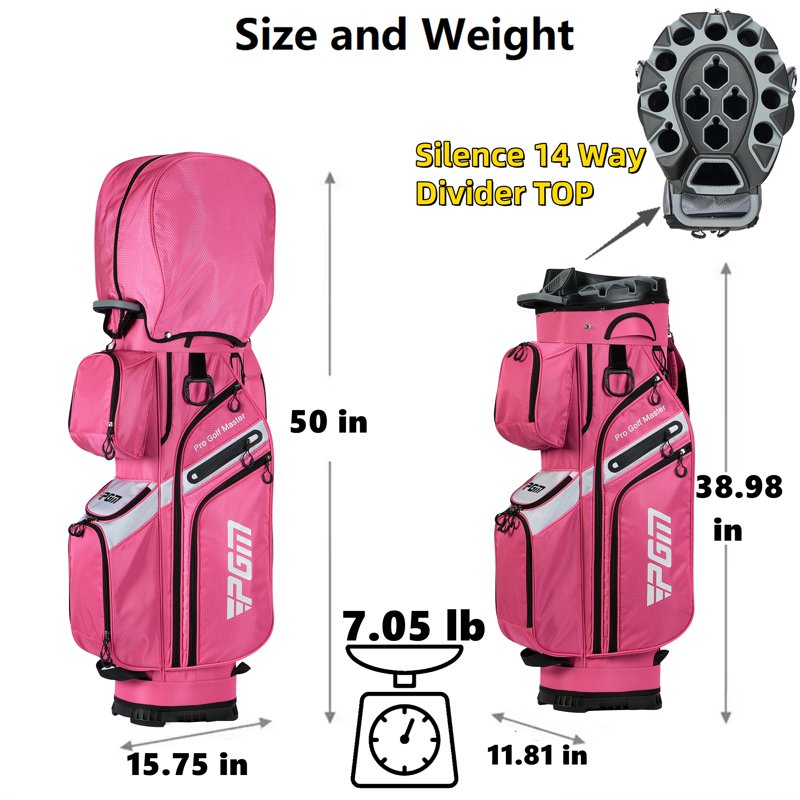 PGM Women's Golf Cart Bag 14-Way Organizer Silent Top Waterproof - Pink