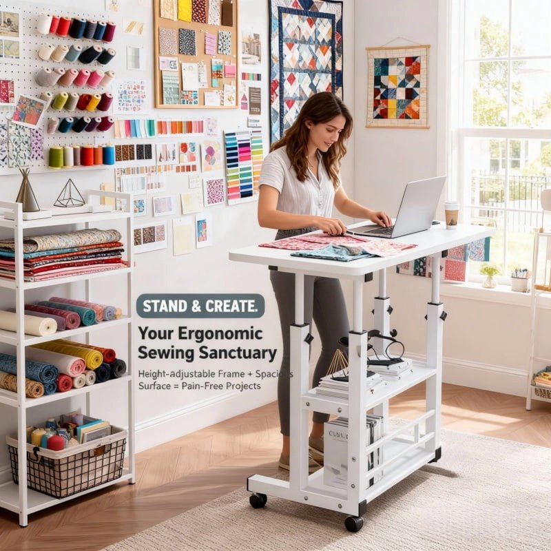 Adjustable Height Craft Table with Storage and Silent Wheels for Sewing & Knitting