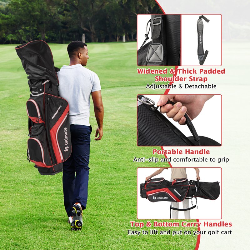 Gymax Red 14-Way Golf Cart Bag with 9 Pockets & Rain Hood