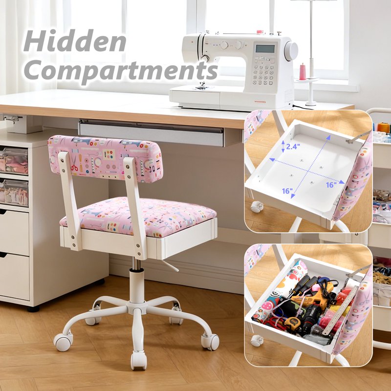 Adjustable Height Sewing Chair with Storage Drawer - Swivel Craft Chair, Upholstered