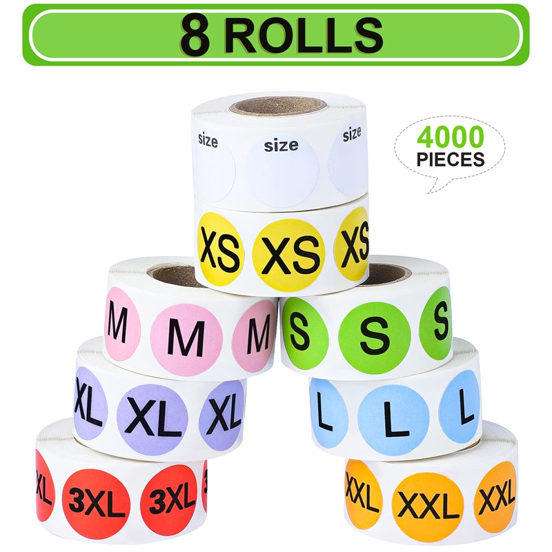 Self-Adhesive Clothing Size Stickers - 8 Rolls, 4000 Labels for Garments