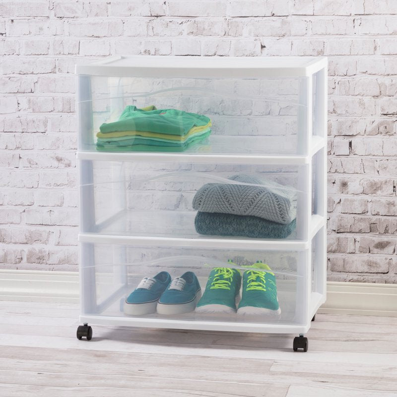 Wide Plastic Storage Cart with 3 Drawers and Casters - Organization Organizer