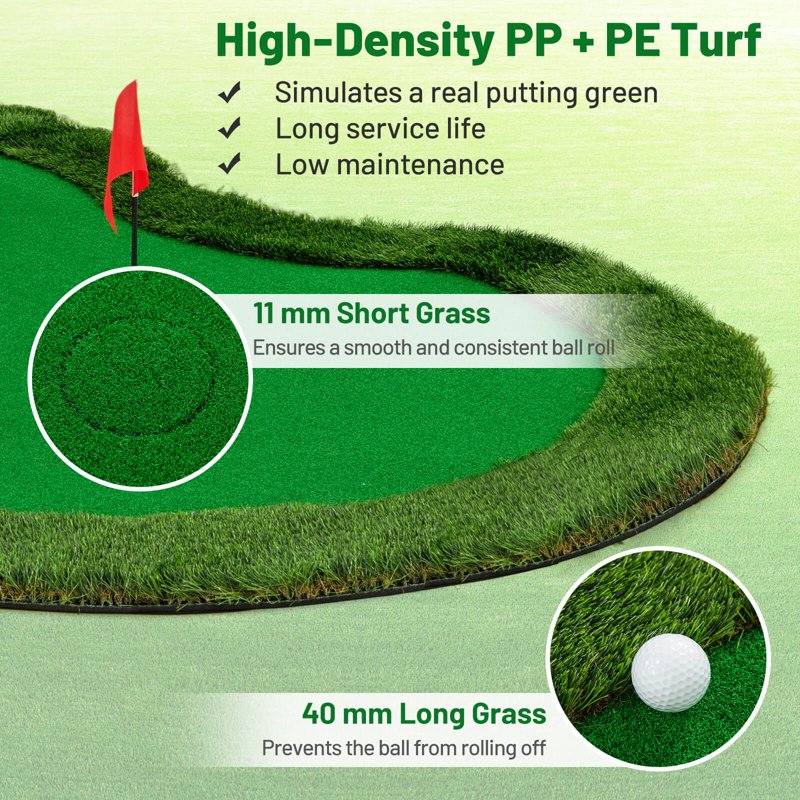 Costway 10 ft x 5 ft Golf Putting Green Mat with 3 Holes, Cups & Balls - Indoor/Outdoor Practice