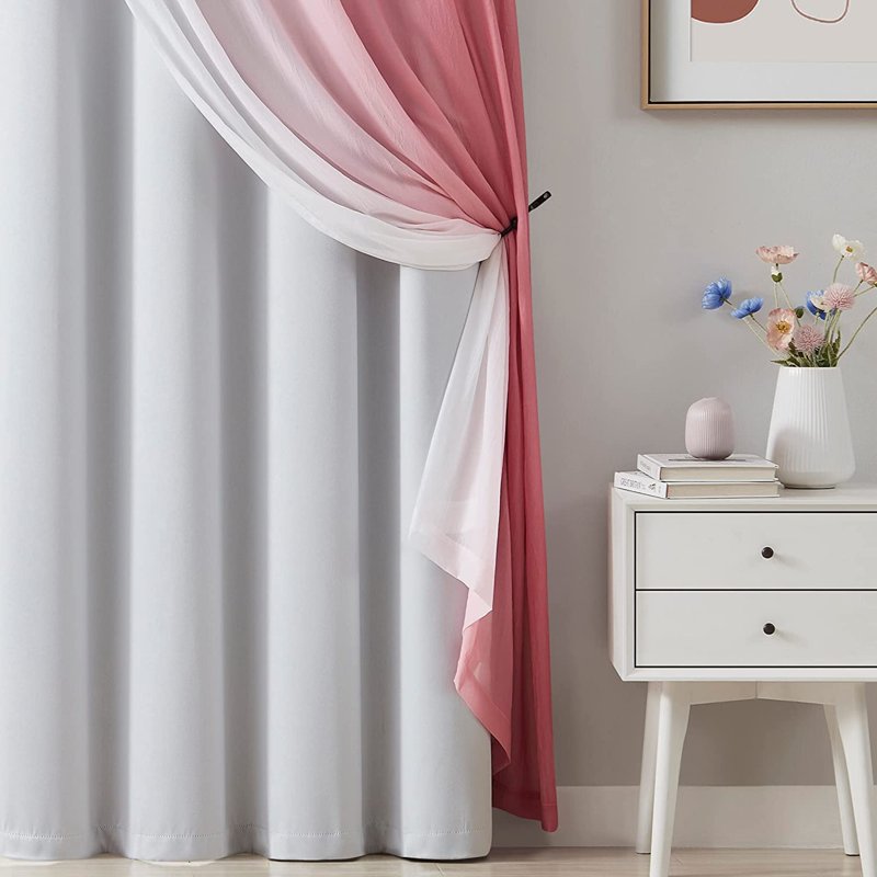Blackout & Sheer Curtain Set - Pink Ombre, Energy Efficient, 4 Panels