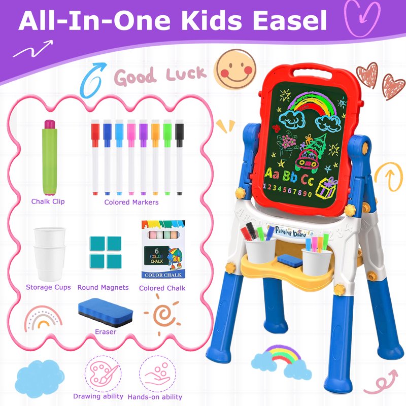 Kids Double-Sided Magnetic Art Easel with Whiteboard & Chalkboard, Adjustable Height, Blue
