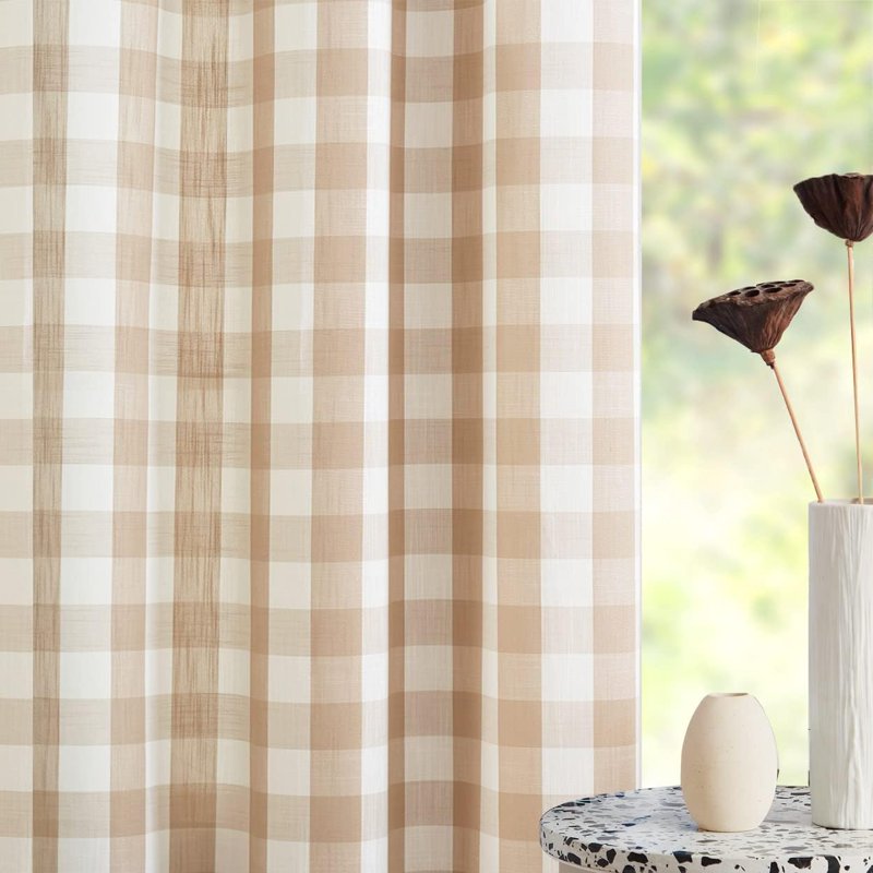 Buffalo Check Semi Sheer Curtain Panels Gingham Farmhouse Window Drapes 52x63