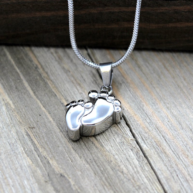 Cremation Jewelry for Ashes Memorial Necklace with Baby Footprint Keepsake - Stainless Steel Urn Pendant, Free Funnel & Velvet Box