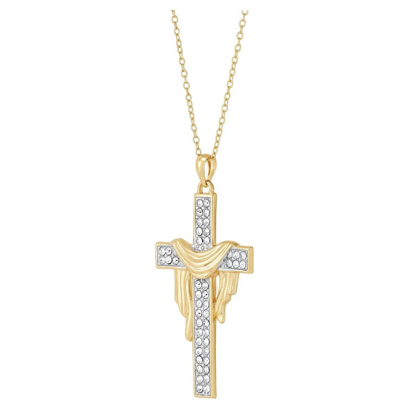 Sterling Silver and 18K Gold Plated Crystal Cross Pendant Necklace - 18 Inch