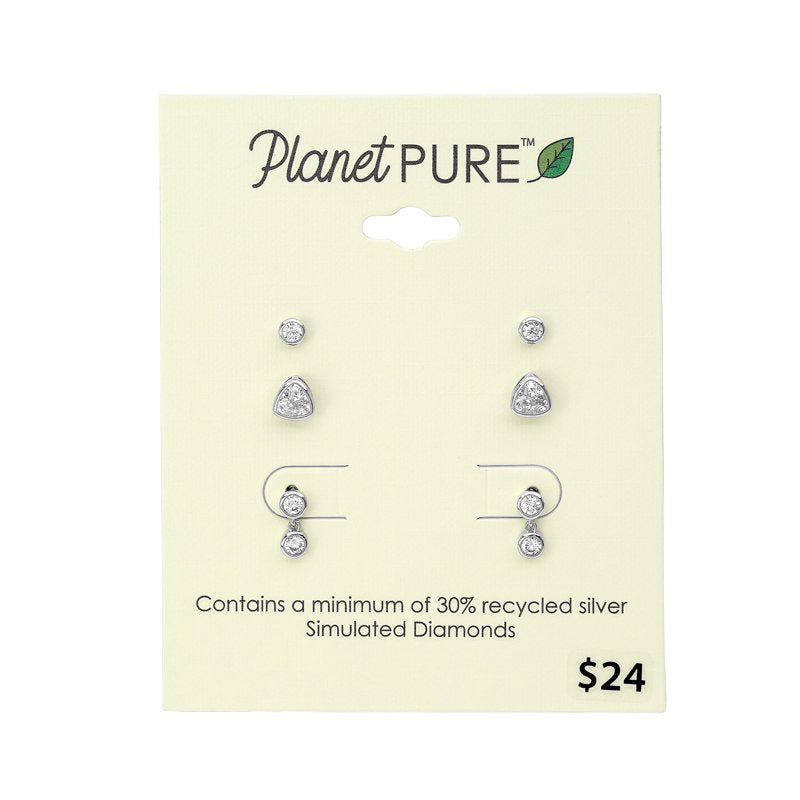 Women's Simulated Diamond Stud Earring Set in Recycled Sterling Silver