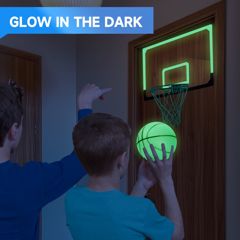 Mini Over-The-Door Basketball Hoop Set with Ball & Pump - Glow in The Dark, Wall-Mounted for Home & Office
