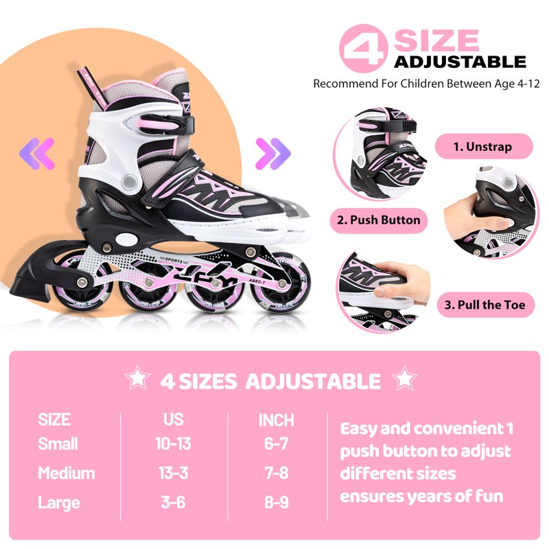 Pink Adjustable Inline Skates for Girls with Light-Up Wheels, Beginner Kids Roller Skates