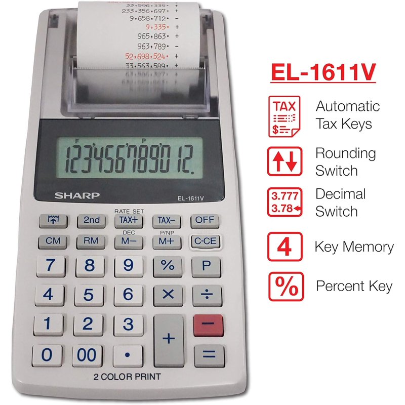 Handheld Printing Calculator with 12-Digit LCD & Dual-Color Printer