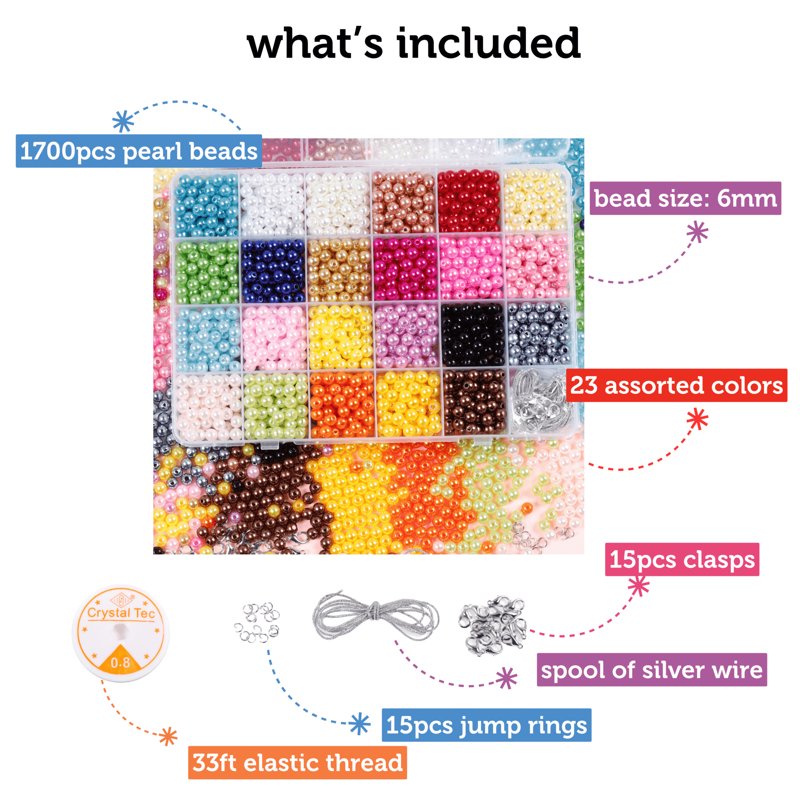 Assorted Pearl Beads for Jewelry Making 1700pcs - 6mm Round Beads for DIY Bracelets & Crafts