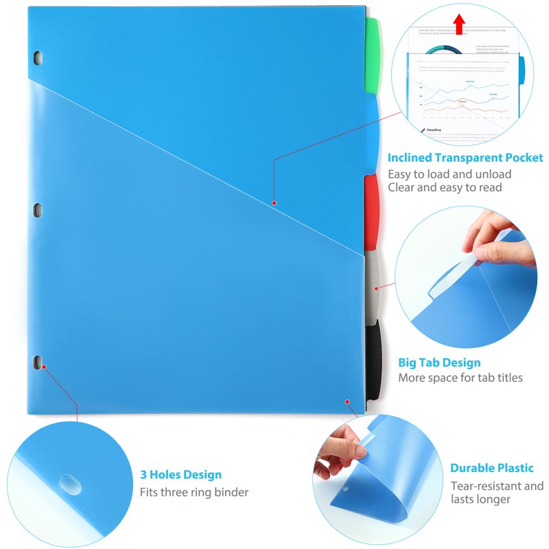 Plastic Binder Dividers with Pockets - Multi-Color 3-Ring Organizers, 15 Tabs