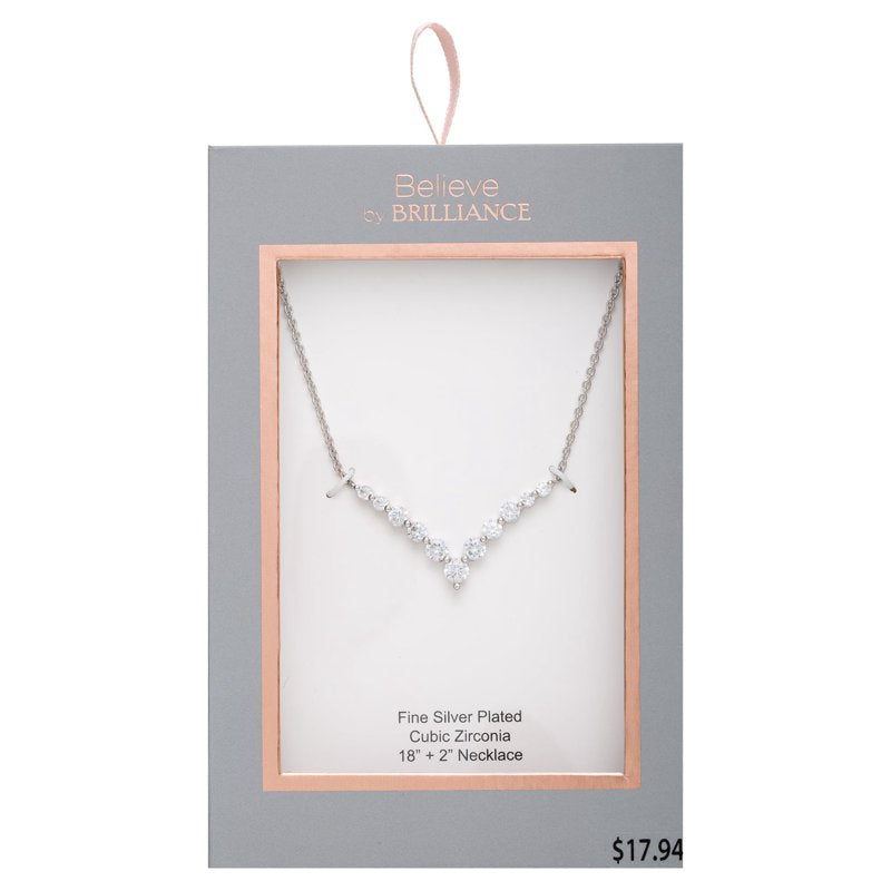 Silver Plated Cubic Zirconia V Necklace 18+2 Inch Adjustable Chain