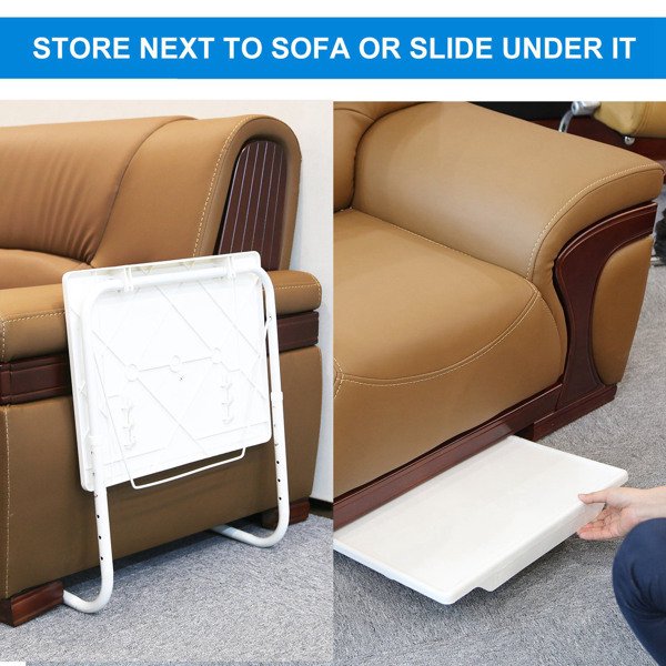 Adjustable Foldable TV Tray Table with Cup Holder & Book Stand, White
