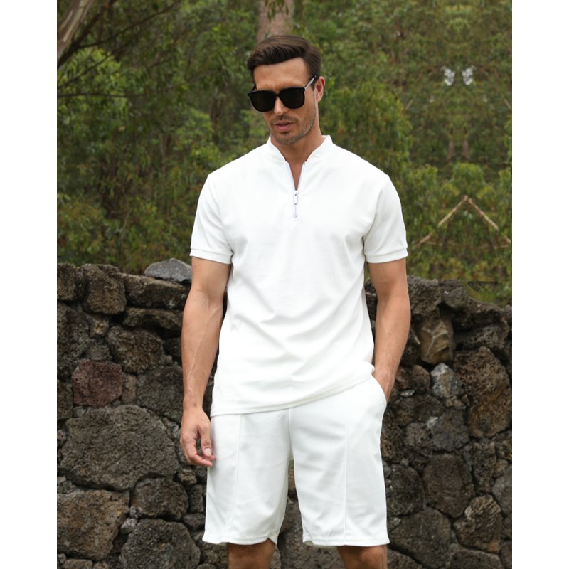 Men's Casual 2-Piece Tracksuit Set with Zip Shirt and Shorts for Beach, Golf, and Sport