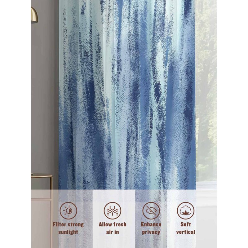 Navy Blue Sheer Curtains Set 52x63 Inches - Retro Stripes Voile Window Drapes