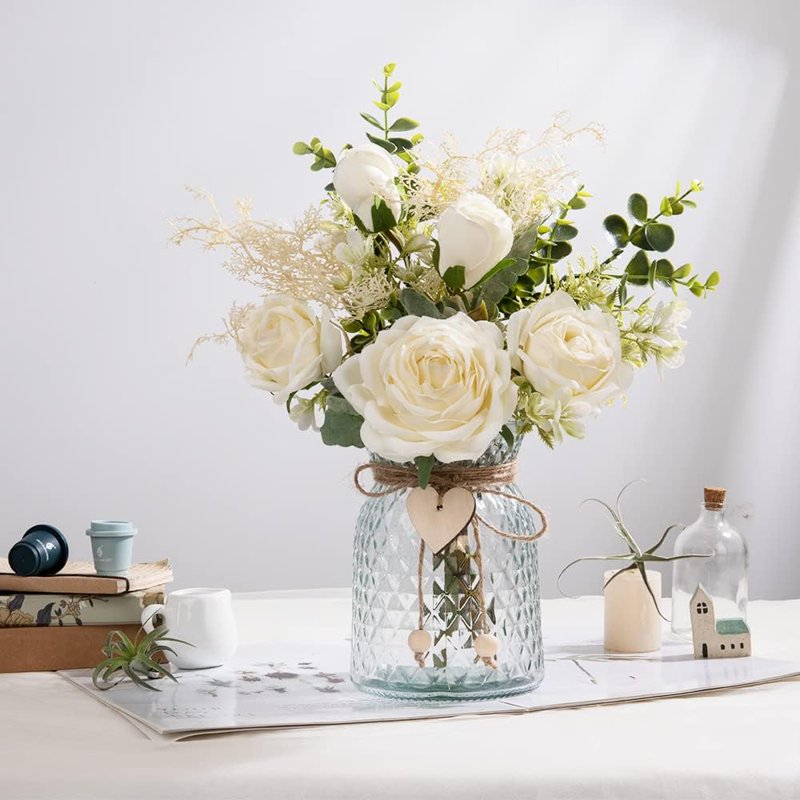 Artificial Flower Arrangement with Vase - White Silk Roses & Eucalyptus for Home & Wedding Decor