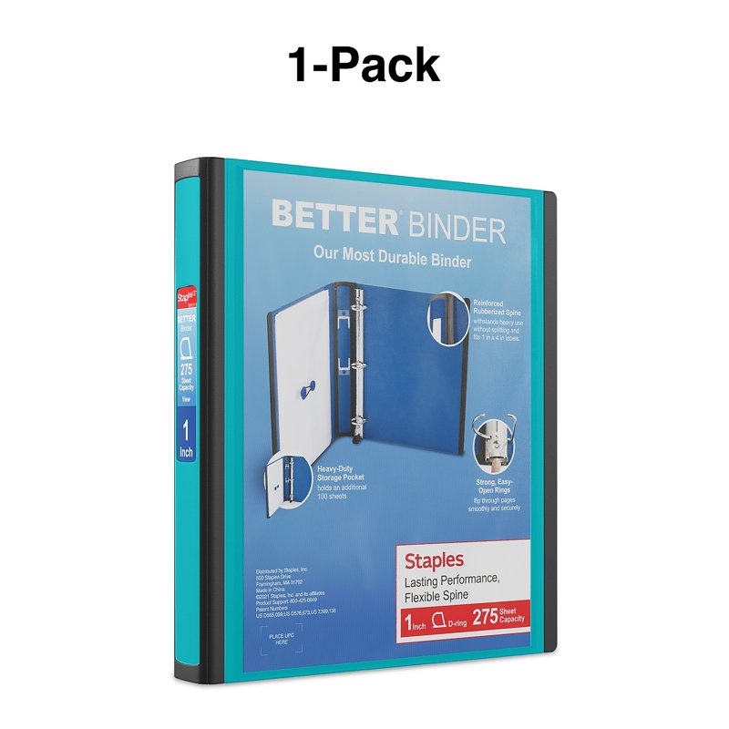 1-Inch D-Ring View Binder with Clear Windows, 275 Sheet Capacity, Teal
