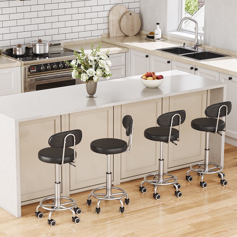 Height Adjustable Rolling Stool with Low Back and 360° Rotation - Black
