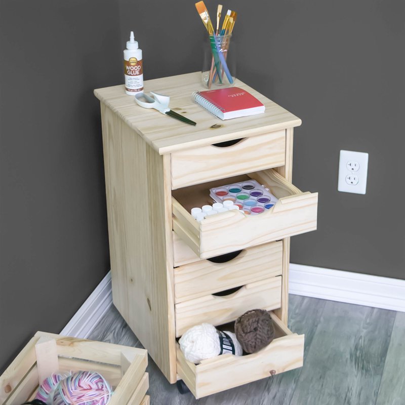 Solid Wood Mobile Storage Cart with 6 Drawers - Unfinished Pine, Versatile Organizer