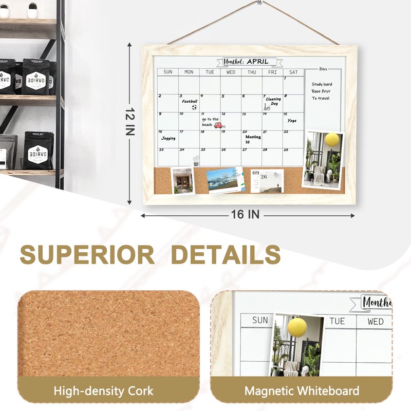 Monthly Whiteboard Calendar & Corkboard Wall Organizer 16x12 Magnetic Dry Erase