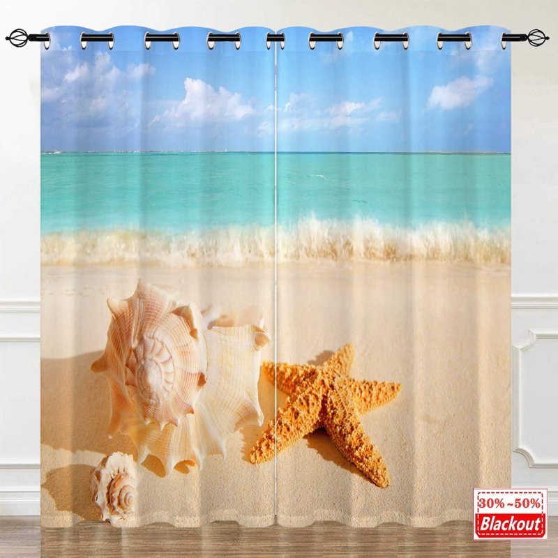 Beach Curtain Set - Tropical Ocean Sea Waves Starfish Shells Waterproof Window Drapes