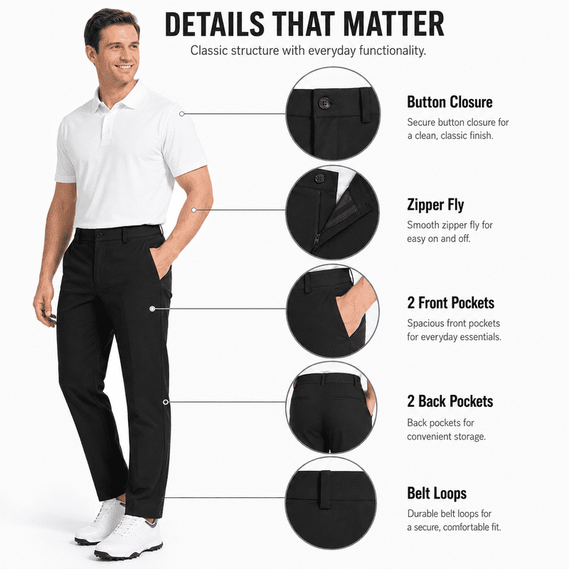 Men's Stretch Dress Pants - Quick Dry Business Casual Slacks, Flat-Front Fit