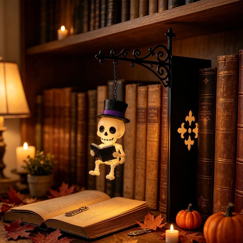 Hat Skull Halloween Bookshelf Lamp - Vintage Ghost Library Light with Bookend Base (Variation #5)
