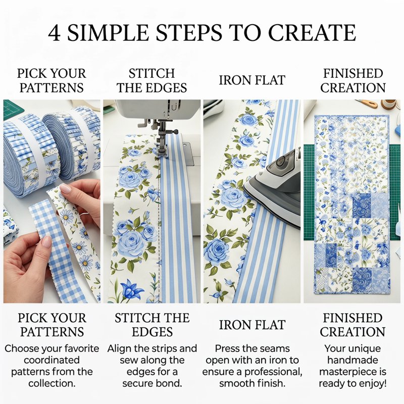 84-Piece Jelly Roll Fabric Strips Bundle for Quilting and Sewing - Blue Floral & Plaid Designs with Wavy Edges
