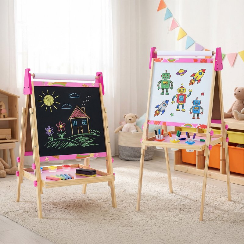 Kids Art Easel with Magnetic Boards & Paper Roll - Adjustable Wooden Toddler Drawing Gift