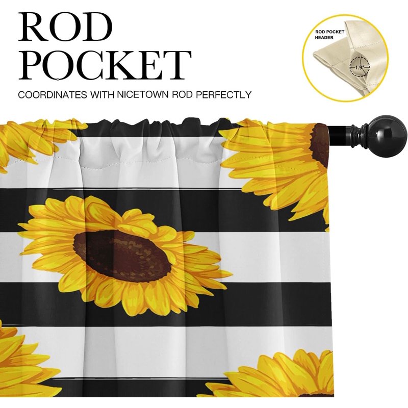 Set of 2 Sunflower Window Valances with Adjustable Rod Pocket - Summer Floral Blackout Drapes for Kitchen & Living Room
