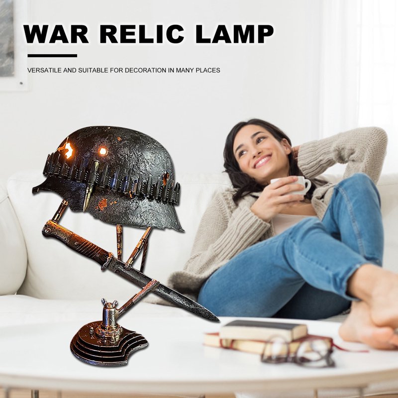 War Relic Helmets Table Lamp - Resin Combat Souvenir for Office & Home Decor
