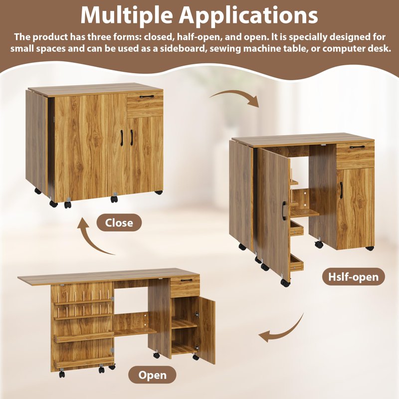 Foldable Sewing Machine Table with Storage Shelves and Lockable Wheels