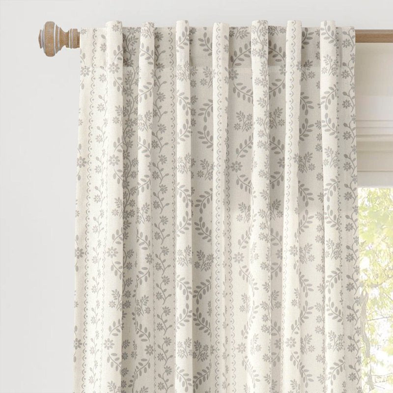 Delicate Floral Linen Blend Window Curtain Panels Pair - Neutral or Blue