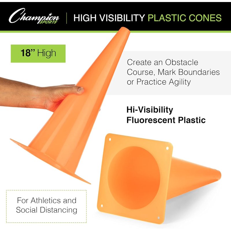 High Visibility Plastic Cone for Sports & Social Distancing - 18 Inch