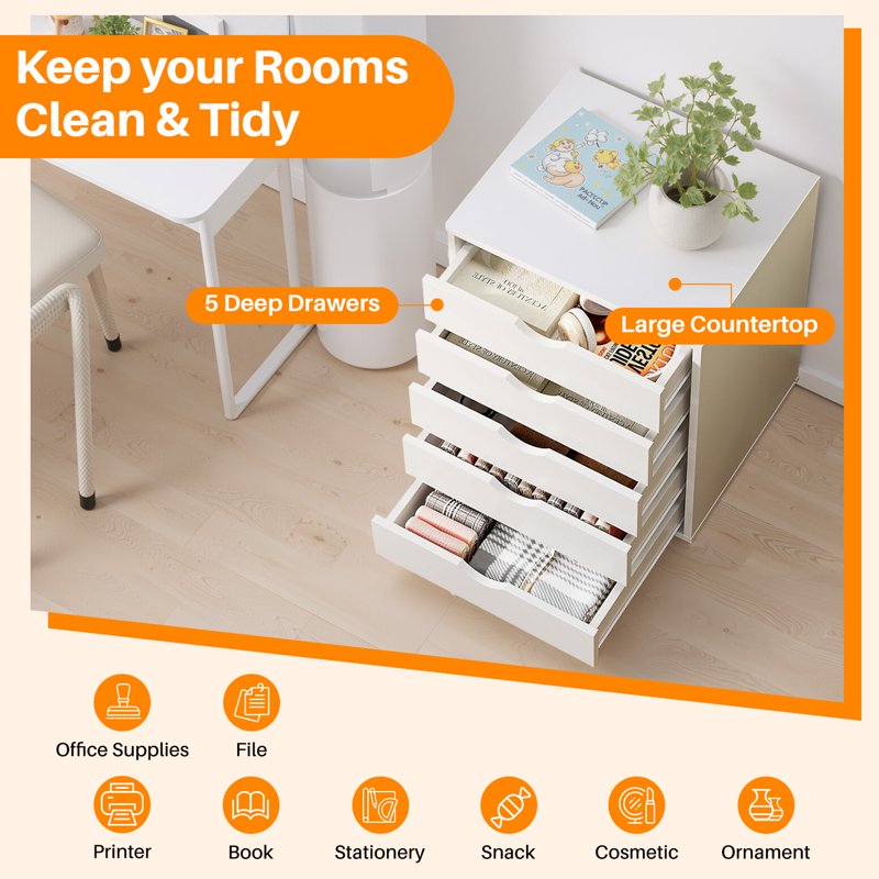 Wooden 5-Drawer Mobile Storage Chest with Wheels for Office & Home Organization