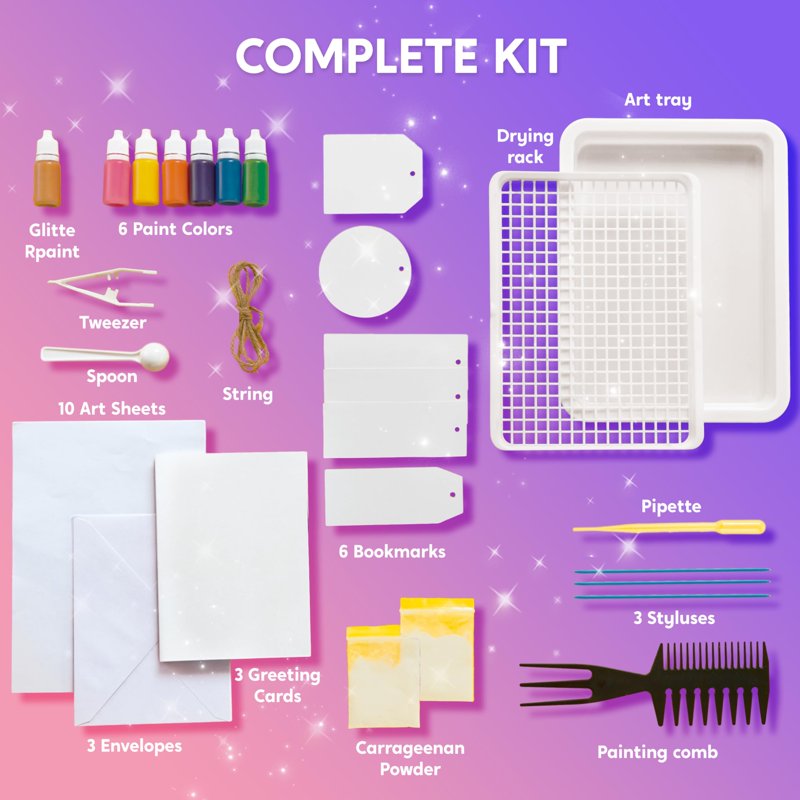 Kids Marbling Art & Craft Kit with 7 Paint Colors, Water Paint Set, Paper & Tools