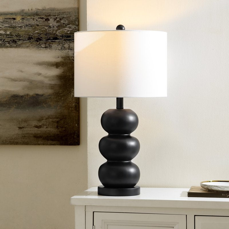 Modern Black Resin Table Lamp with White Linen Drum Shade - 24 Inch