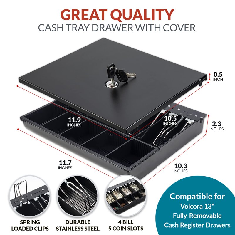 Metal Cash Drawer Tray with Locking Cover for Small Business Cash Registers